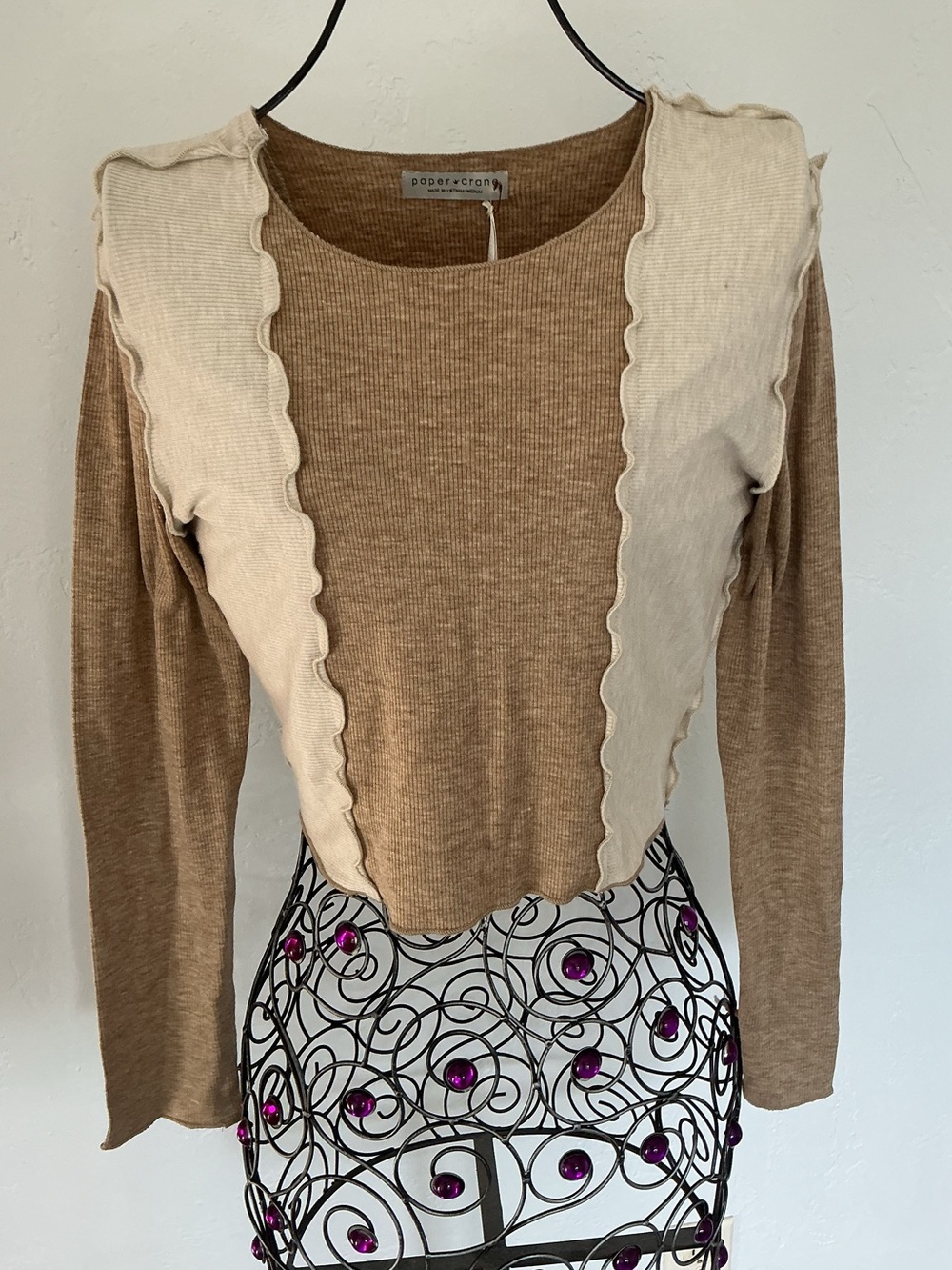 NWT Paper Crane Cream & Brown Layered Ribbed Long-Sleeve Crop Top
